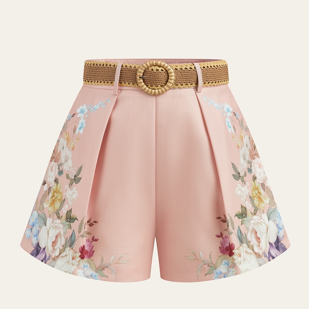 Commense Floral Print Belted Mid-Waist Shorts